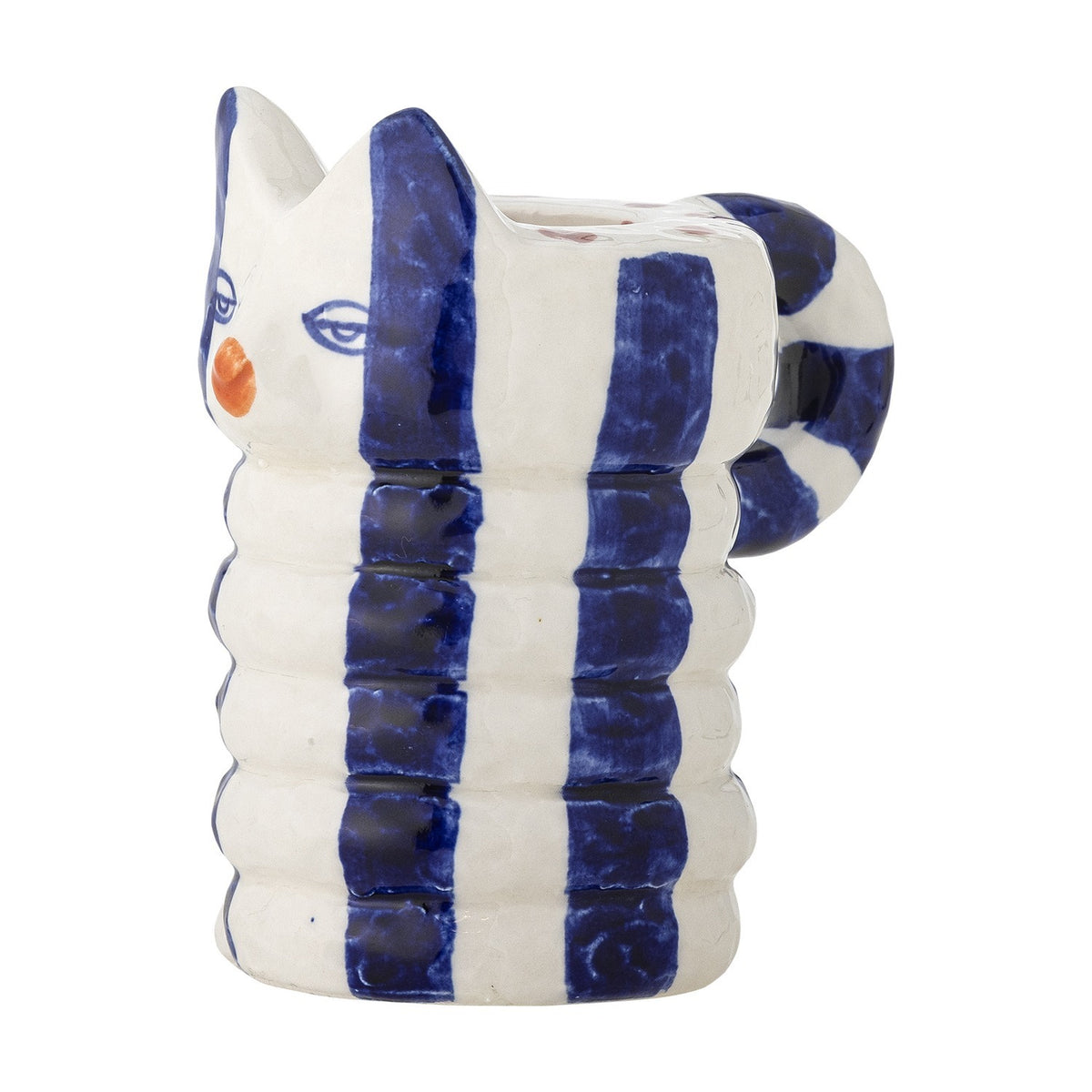 Caty striped stoneware candle holder shaped as a tall cat with pointed ears, drawn eyes, an orange nose and a curled tail forming a handle, in blue and white on a plain white background.