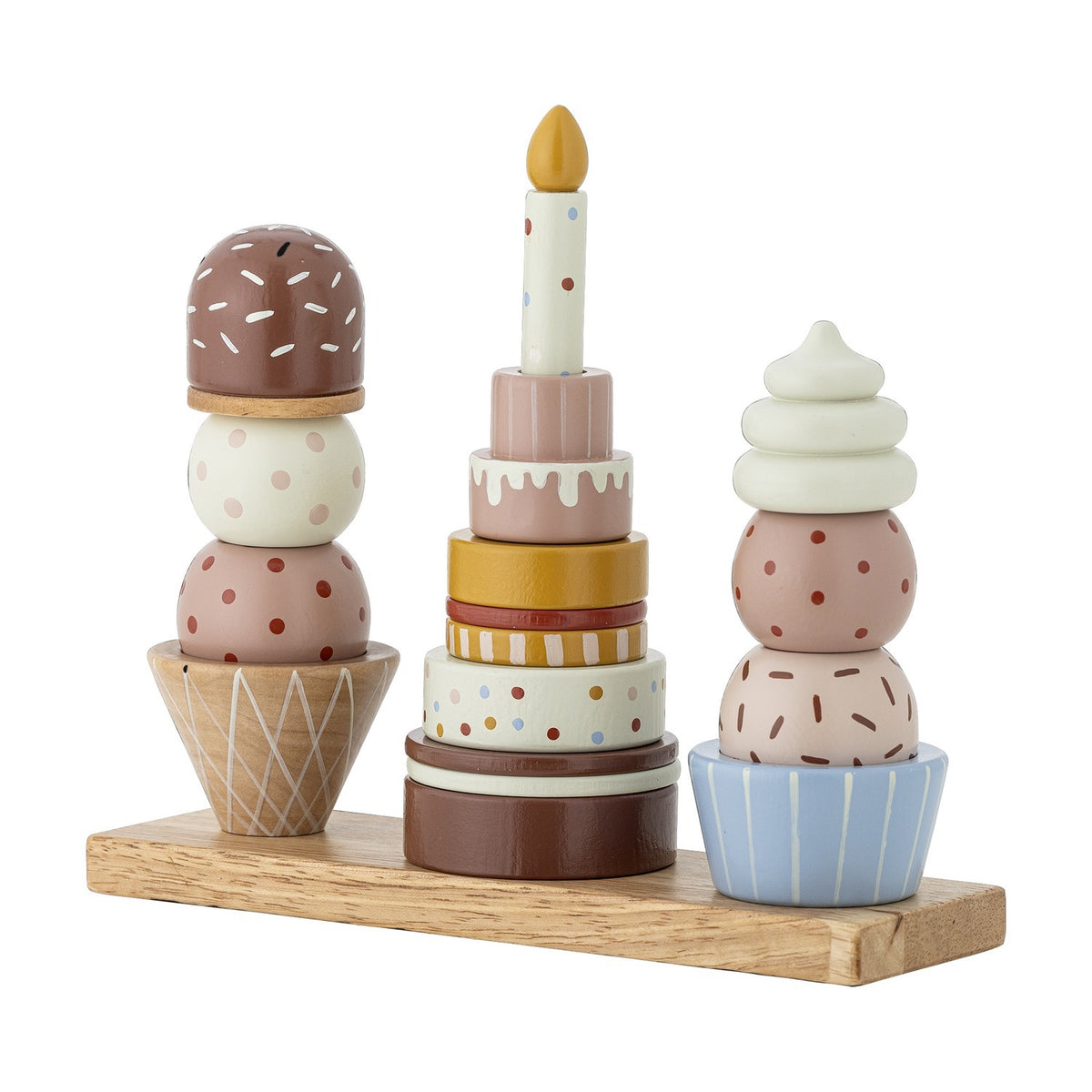 18-piece dotted wooden toy with three stacking dessert towers—ice cream cone, tiered birthday cake with candle, and cupcake—on a long wooden base, white background.