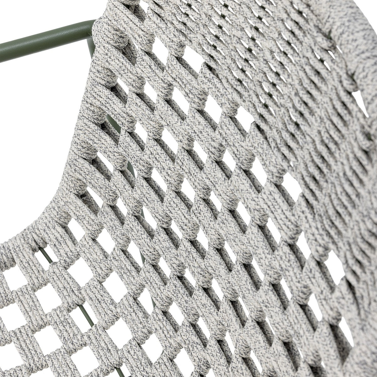 Close-up of the Calana Iron Garden Chair in grey, showing the woven polypropylene cord seat in an open basketweave pattern with a green metal frame edge visible.