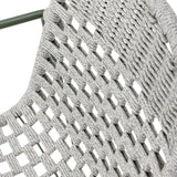 Close-up of the Calana Iron Garden Chair in grey, showing the woven polypropylene cord seat in an open basketweave pattern with a green metal frame edge visible.