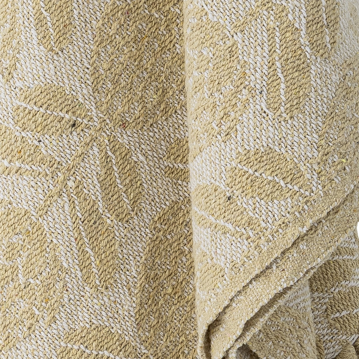 Pratello Throw in yellow, woven fabric with a repeating floral and leaf pattern, shown draped in close-up detail to highlight the textured weave.