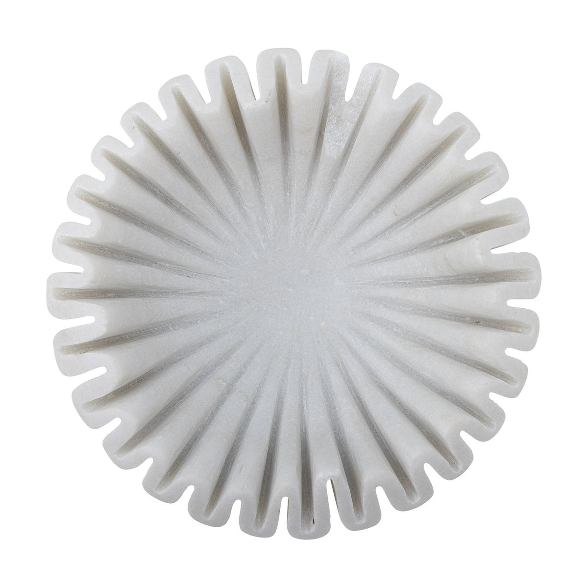 Harmonia Marble Bowl 17.5cm in white, round with deep ribbed grooves radiating from a smooth centre to a scalloped, flower-like rim, shown on a plain white background.