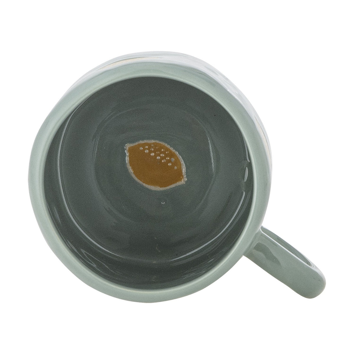 Agnes Stoneware Cup 230ml in green, viewed from above showing the glossy grey interior with a mustard lemon motif on the base and a sage green handle, set against a plain white background.
