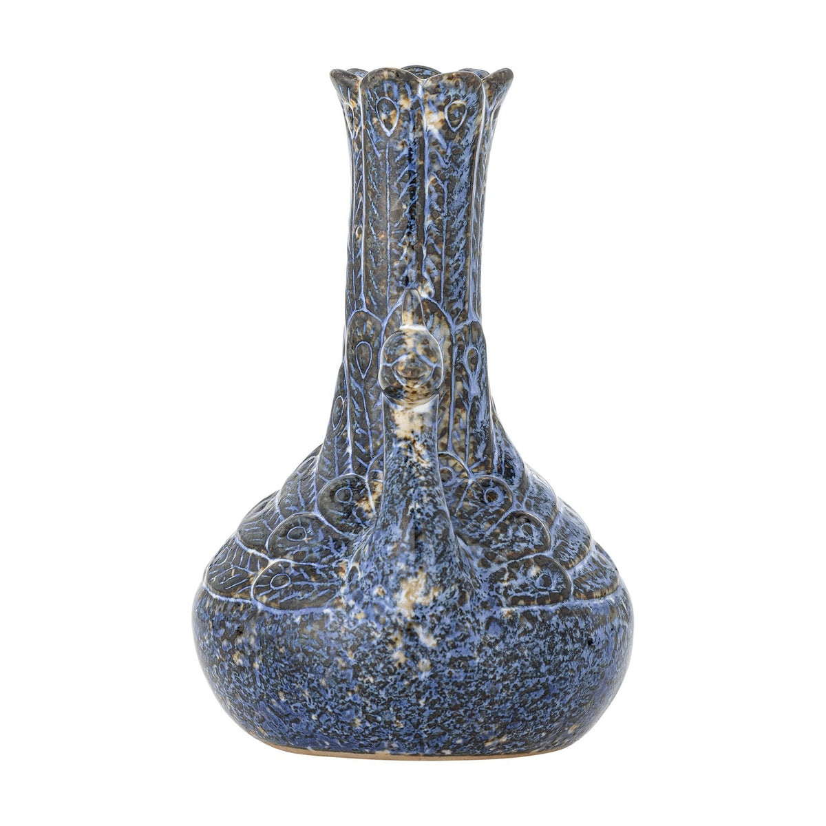 Kali Speckled Stoneware Vase 16cm in Blue, shaped like a crested bird with a rounded base, carved feather relief, and a tall scalloped neck, shown on a plain white background.