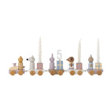 Junaid Cat Birthday Decoration wooden train with engine and four wagons on unpainted wheels, each carrying an animal figure beside a parcel and a candle, in multicoloured MDF on a white background.