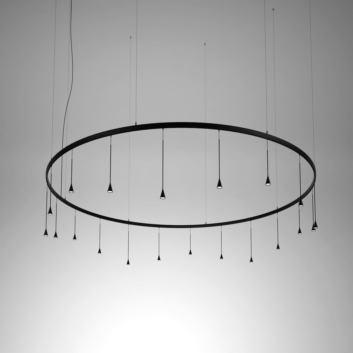 Skybell Circle Iron Ring LED Pendant Light in Ebony Black with cone-shaped LED heads hanging at varied lengths from a circular frame on fine wires.