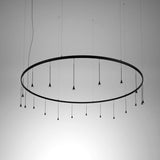 Skybell Circle Iron Ring LED Pendant Light in Ebony Black with cone-shaped LED heads hanging at varied lengths from a circular frame on fine wires.