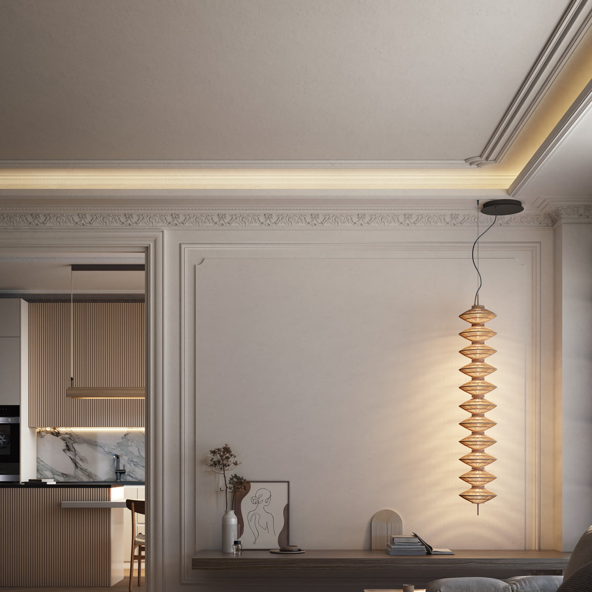 Yuyun S/11L/I pendant light with eleven stacked double-cone beige thread shades on a slim stem, illuminated beside a wall-mounted shelf in a living room.