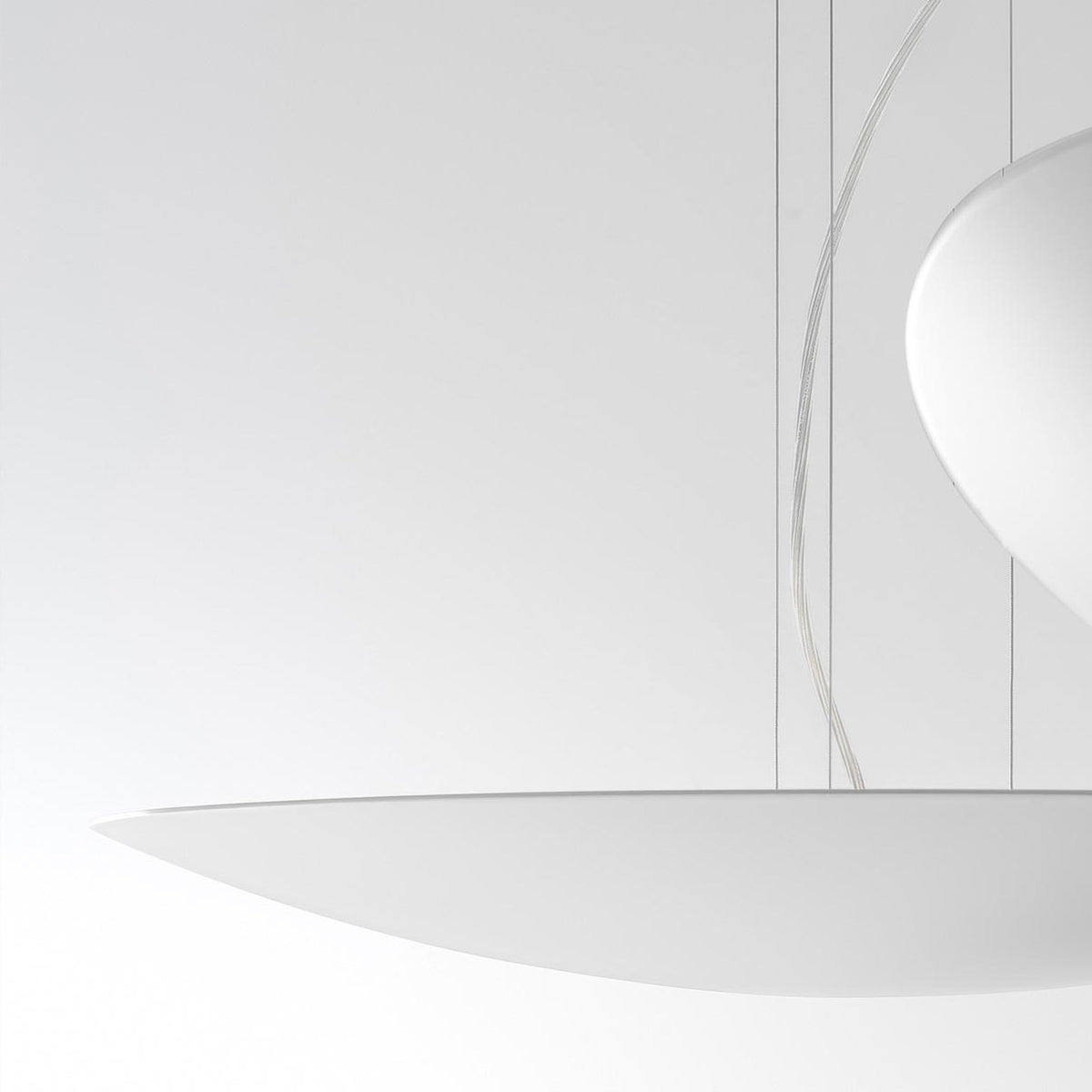 Gong Aluminium Disc LED Pendant Light 60cm in white, shown close-up with its shallow curved disc shade and fine suspension wires against a plain white background.