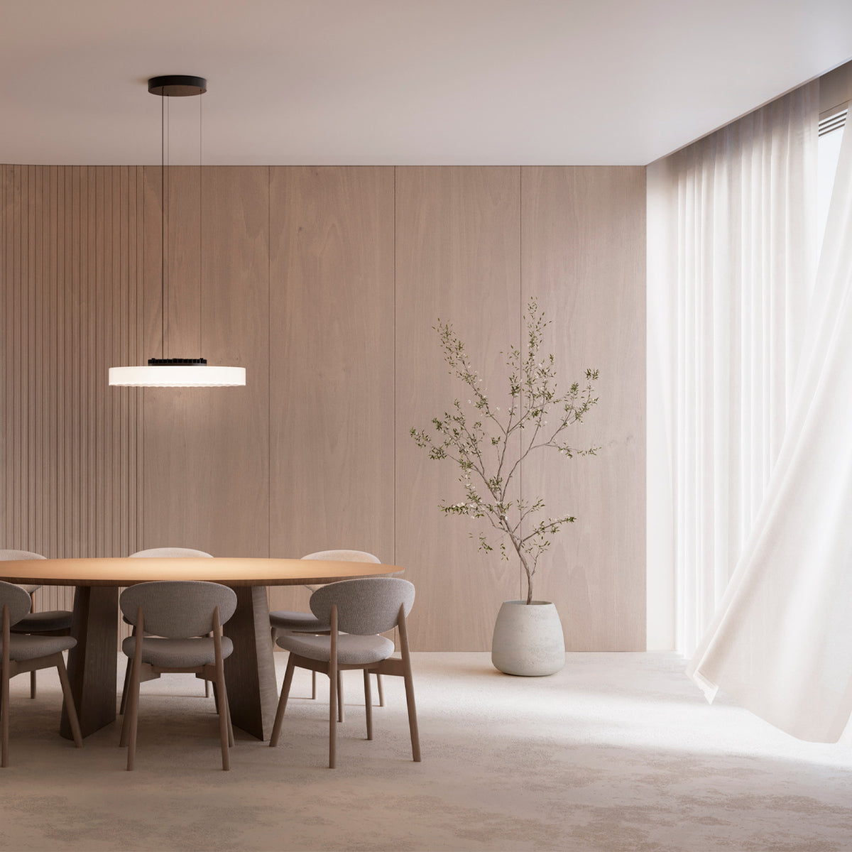 Côte Frosted White Glass LED Pendant Light with a black ceiling canopy, hung low above a wooden dining table in a warm, wood-panelled dining room.