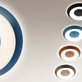 Superbold LED Wall & Ceiling Light 44.3cm shown as round flush fixtures in black, blue, bronze and brown finishes, each with a glowing white ring and solid centre disc.