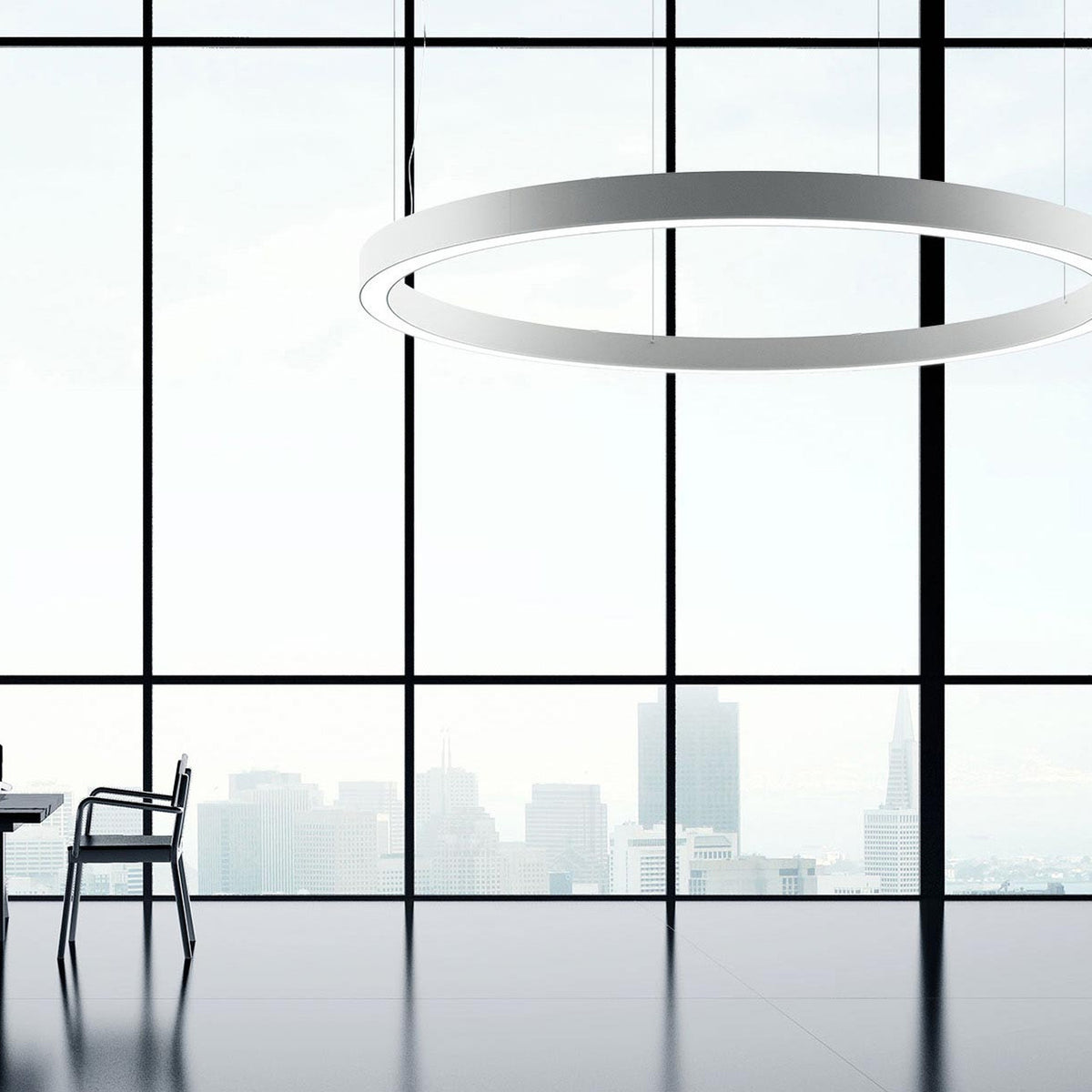 Golden Ring Aluminium LED Pendant Light, 183cm white circular ring fixture, hung above a dining area with floor-to-ceiling windows and city skyline view.