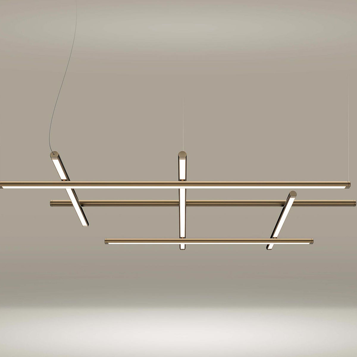 Hilow White Diffuser Frame LED pendant light with three horizontal bars crossed by three angled bars in bronze finish, each with a slim linear diffuser, shown against a plain light background.