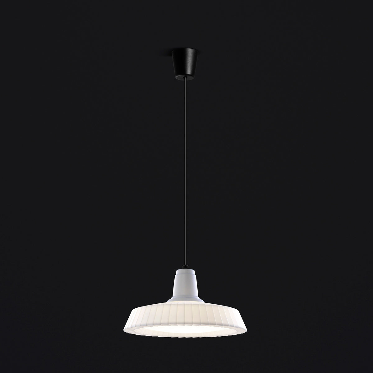 Marietta S/32 Dome LED outdoor pendant light with a pleated white dome shade, white neck, and black cable on a plain black background.