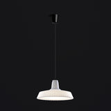 Marietta S/32 Dome LED outdoor pendant light with a pleated white dome shade, white neck, and black cable on a plain black background.