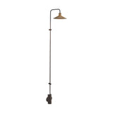 Platet A/06 LED wall light with tall slim black rod, curved top arm, brass conical shade, and round base switch, shown on a plain white background.