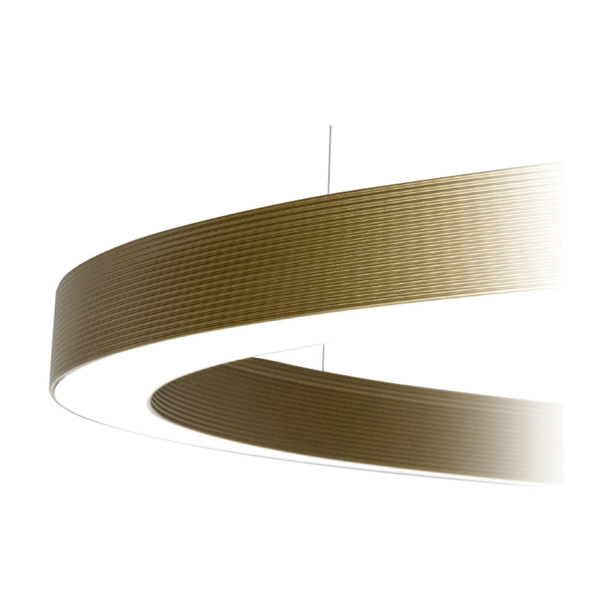 Brooklyn Round 360° LED pendant light, a slim 100cm aluminium ring in brushed brass with ribbed texture, shown at an angle on a plain white background.