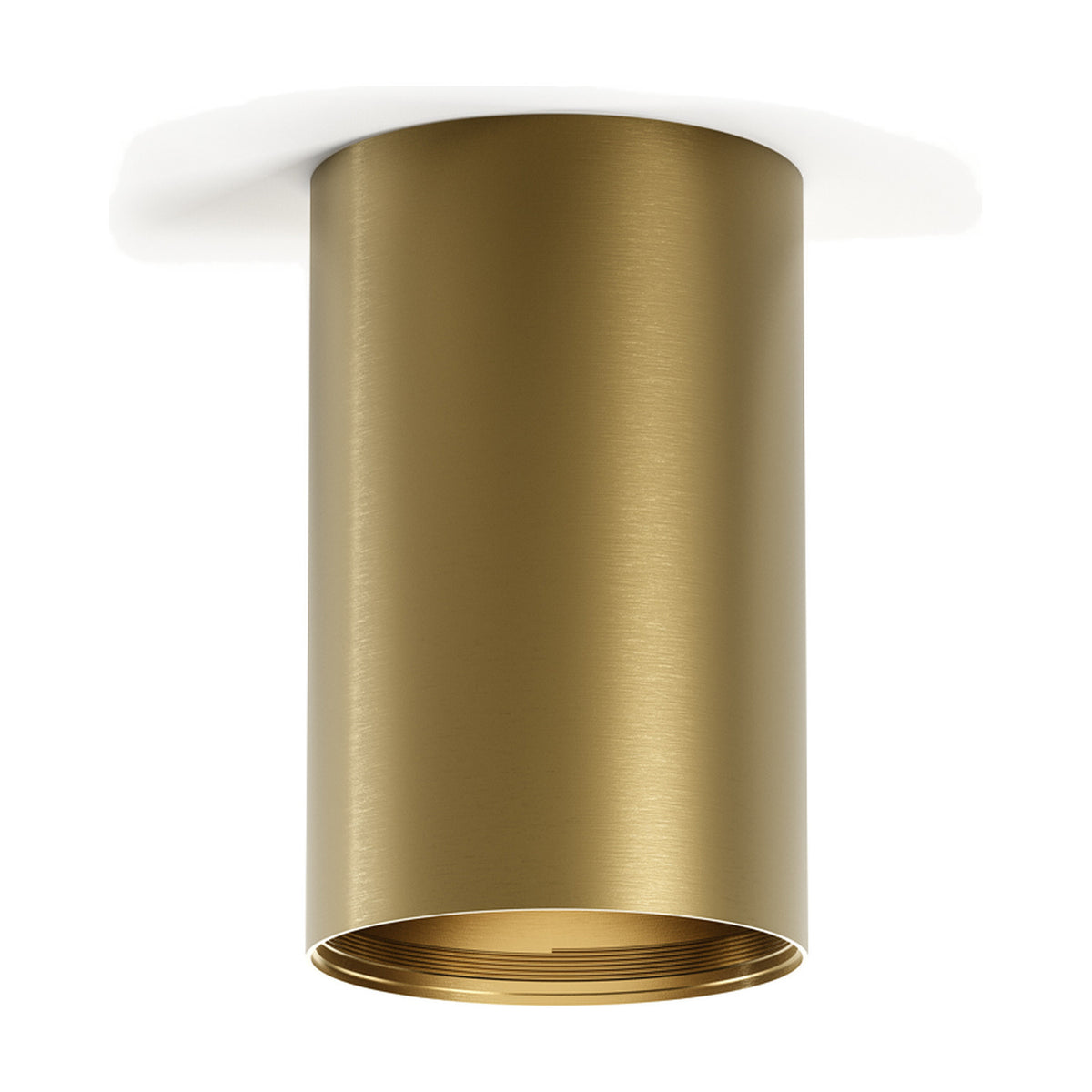 432 Ways Cylinder LED Ceiling Light in brushed brass finish, 10cm cylindrical surface-mounted fixture with white ceiling plate, shown on a plain white background.