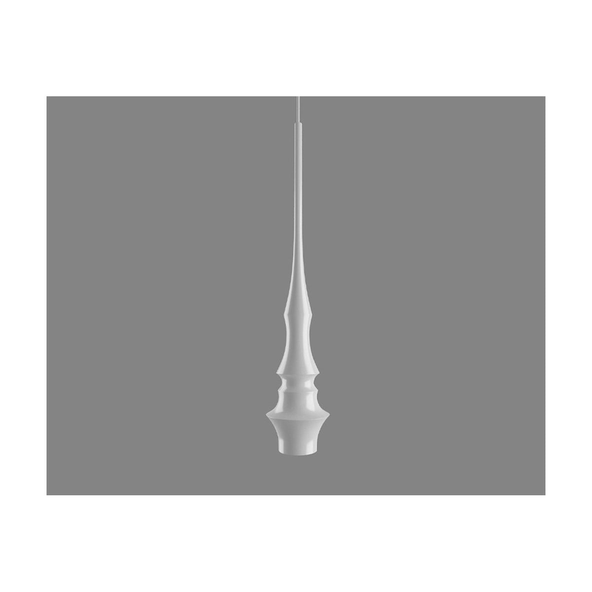 Slend 02 Aluminium Pendant Light in white, featuring a slim tapering body with stacked rings and a flared open base, shown against a plain grey background.