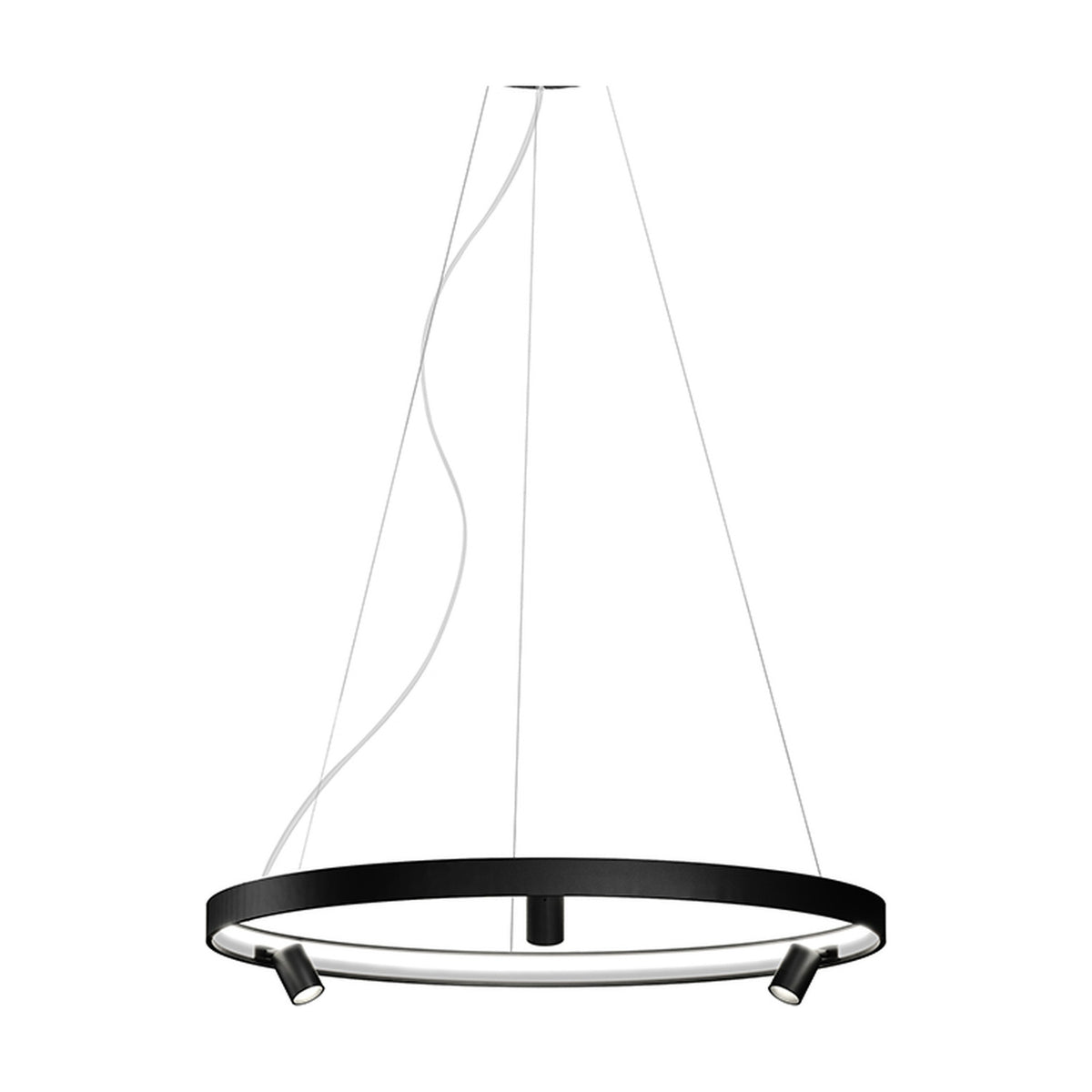 Arena Aluminium Ring LED Pendant Light, 98cm black ring with integrated LED band and three spot heads, hung on fine wires from a round ceiling canopy, shown on a plain white background.