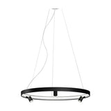 Arena Aluminium Ring LED Pendant Light, 98cm black ring with integrated LED band and three spot heads, hung on fine wires from a round ceiling canopy, shown on a plain white background.
