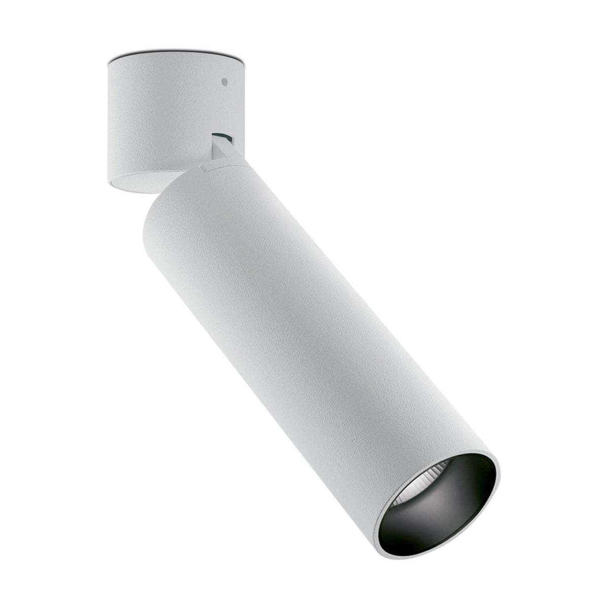 Lola Cylinder LED Wall & Ceiling Light in white, showing a round base with adjustable tube head and black spotlight lens, on a plain white background.