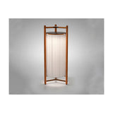 Kando P/111/R rechargeable floor lamp with pleated white translucent ribbon shade, dark top disc and slim wooden tripod frame, shown on a plain grey background.