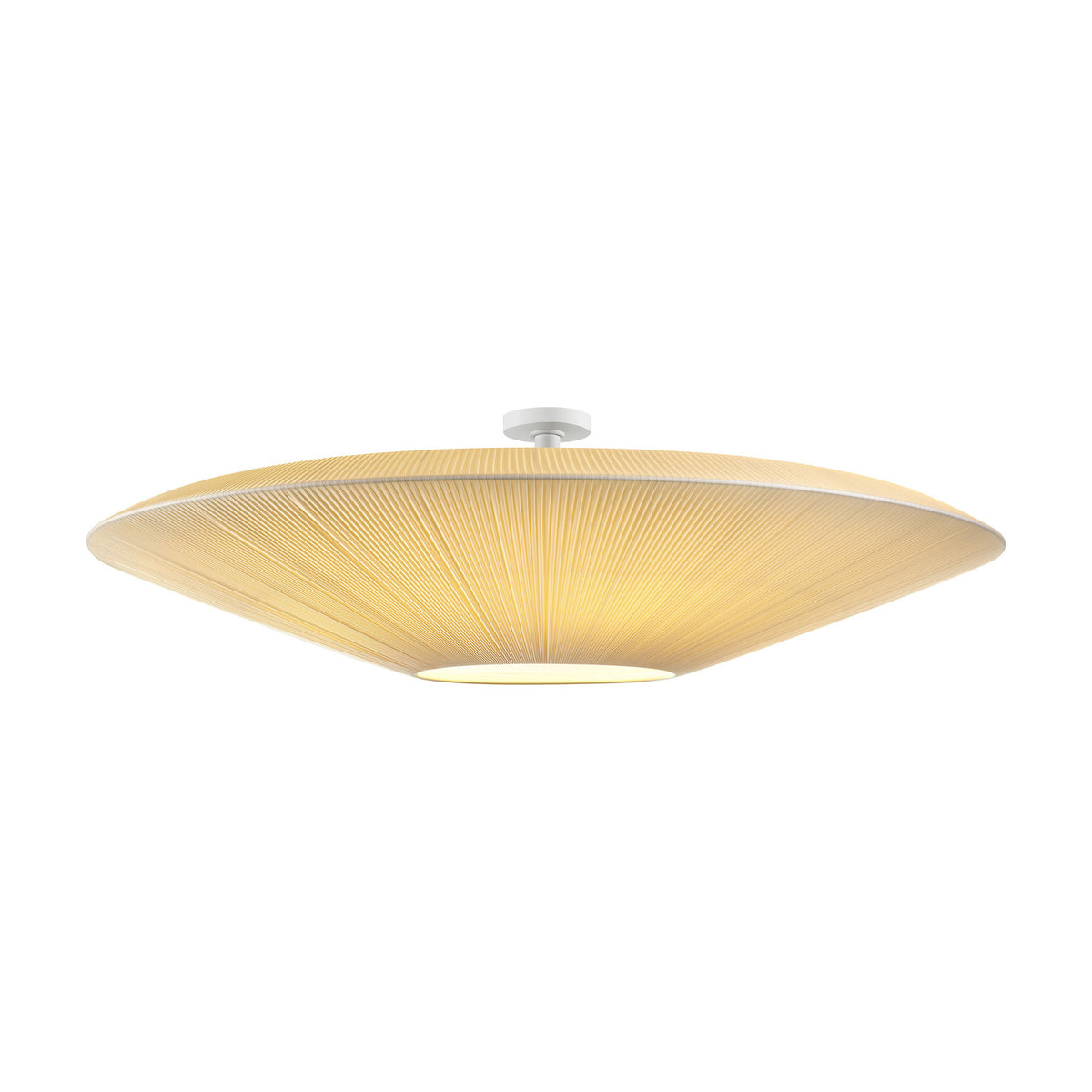 Siam 200 Ribbon ceiling light with a wide, shallow cone shade in pleated cream translucent fabric, white centre disc, and white ceiling mount, shown on a plain white background.