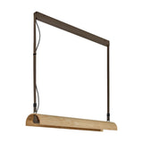Aluet S/100 Wood LED pendant light with a long half-round ash wood shade in beige, suspended by cotton straps from a bronze-toned ceiling rail on a white background.