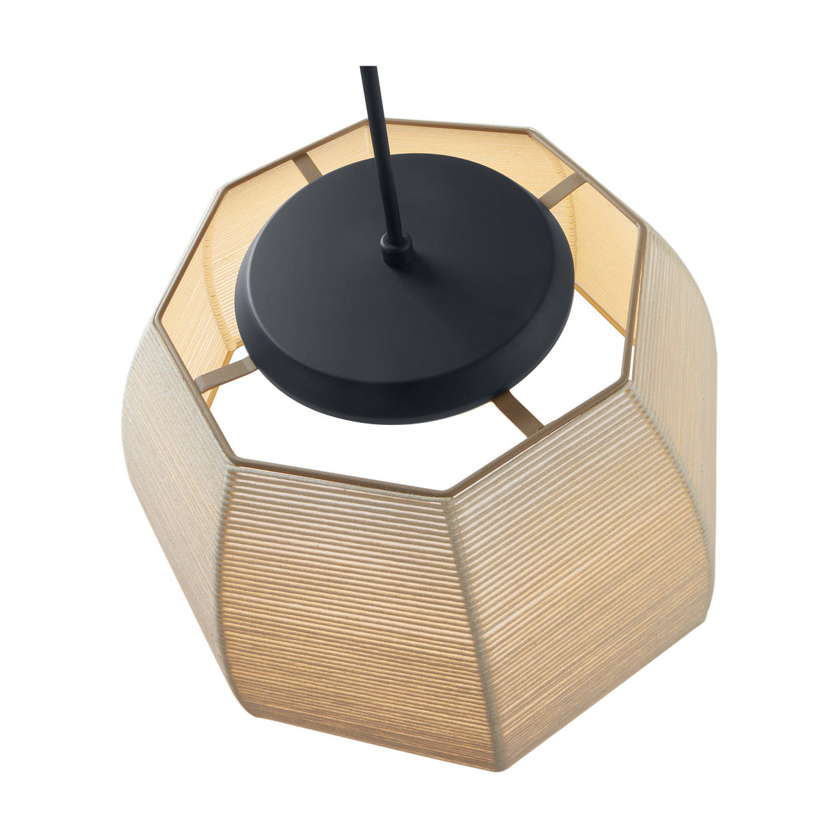 Tanit S/61 fabric LED pendant light viewed from below, showing an octagonal beige cotton-thread shade and matt black canopy with stem, on a plain white background.