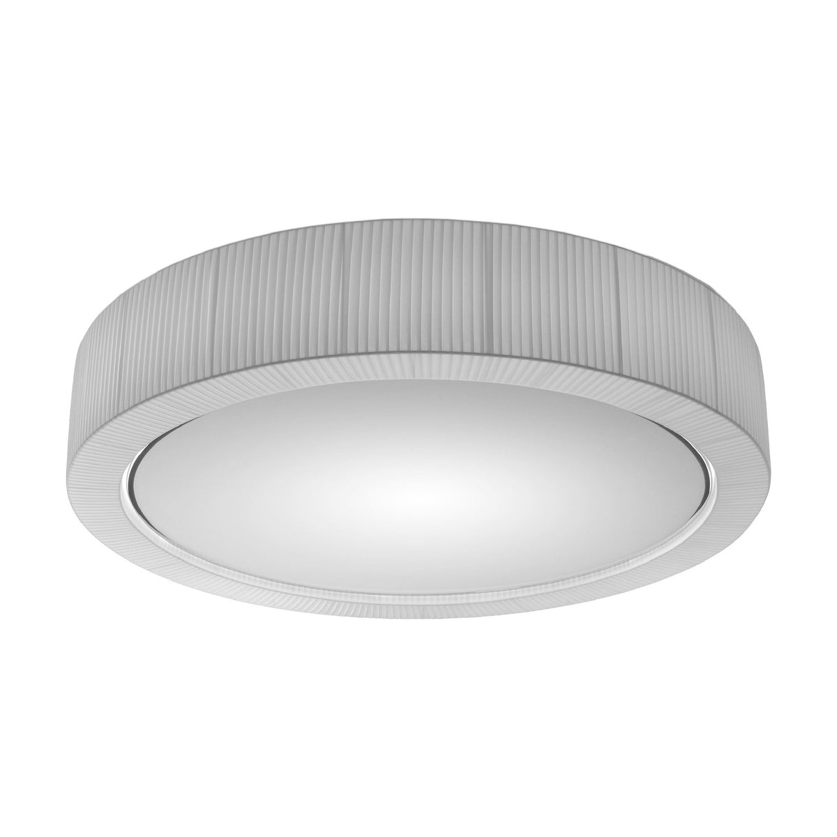 Urban PF/120 Ribbon LED ceiling light, a large round drum fixture with white ribbed fabric sides and a wide frosted diffuser, shown on a plain white background.