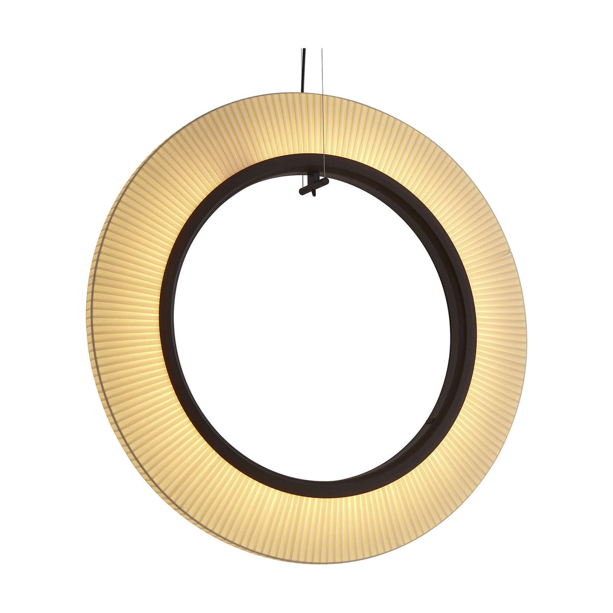 Roda S/90/V Ribbon Ring LED Pendant Light in Cream, a vertical ring-shaped fixture with pleated translucent ribbon shade and dark inner frame, shown on a plain white background.