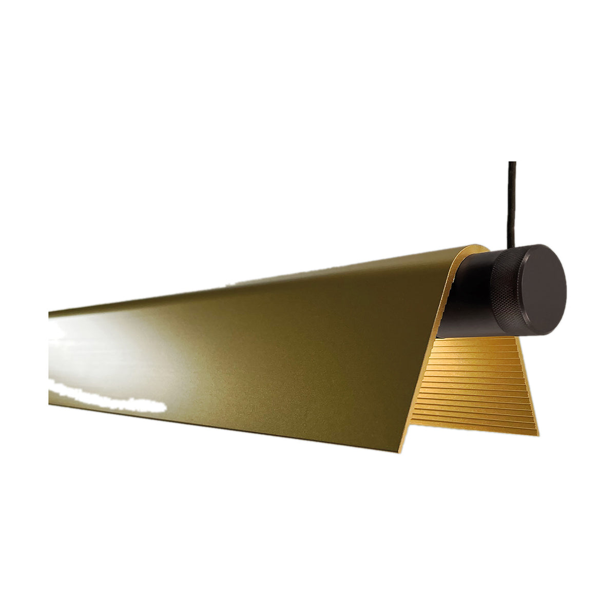 Roof S130 Casing for the Roof linear pendant, a long folded cover in brass with a ribbed underside, shown with a black cylindrical cable grip on a white background.