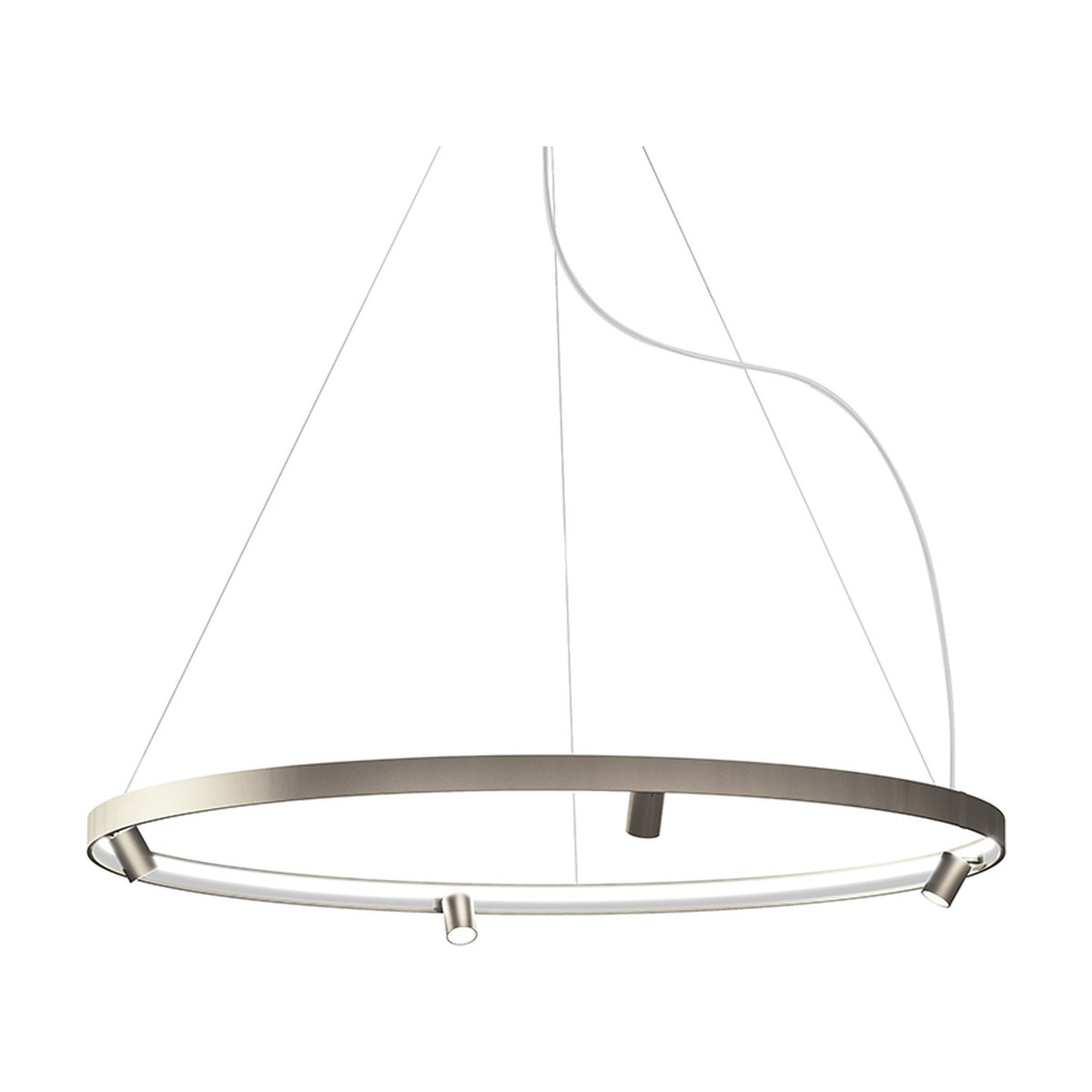 Arena Aluminium Ring LED Pendant Light 147cm, a slim brushed-silver hoop with integrated LED band and small spotlight heads, hung on fine suspension wires against a plain white background.