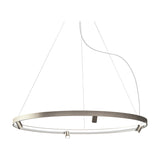 Arena Aluminium Ring LED Pendant Light 147cm, a slim brushed-silver hoop with integrated LED band and small spotlight heads, hung on fine suspension wires against a plain white background.