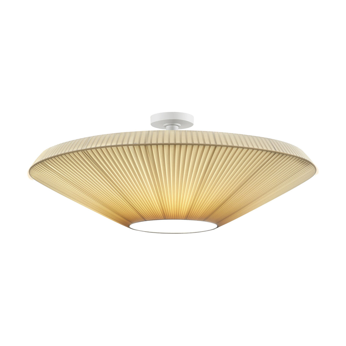 Siam 80 Ribbon Cone Ceiling Light in cream, a wide pleated semi-flush fixture on a white stem mount, shown lit against a plain white background.