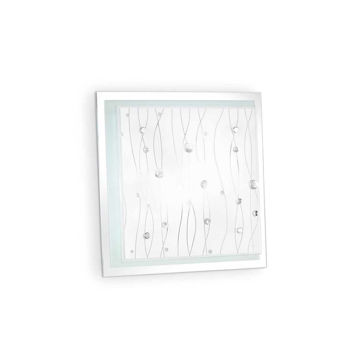 The Horizon 2 Light Ceiling & Wall Light - Clear exudes elegance with its square mirror featuring a silver frame embellished with an etched pattern of curved lines and circles. This piece adds a decorative touch while being angled slightly to the left against a plain white background, reminiscent of its sophisticated charm.