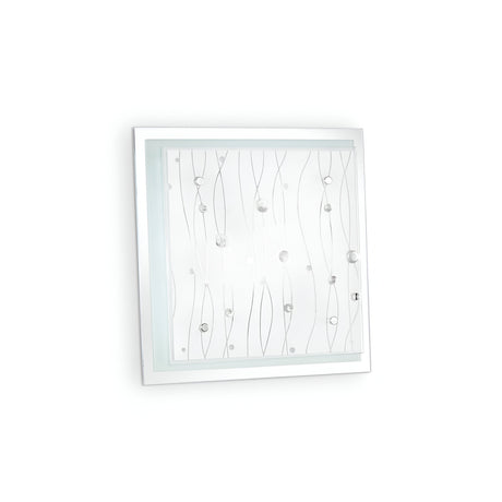 The Horizon 2 Light Ceiling & Wall Light - Clear exudes elegance with its square mirror featuring a silver frame embellished with an etched pattern of curved lines and circles. This piece adds a decorative touch while being angled slightly to the left against a plain white background, reminiscent of its sophisticated charm.