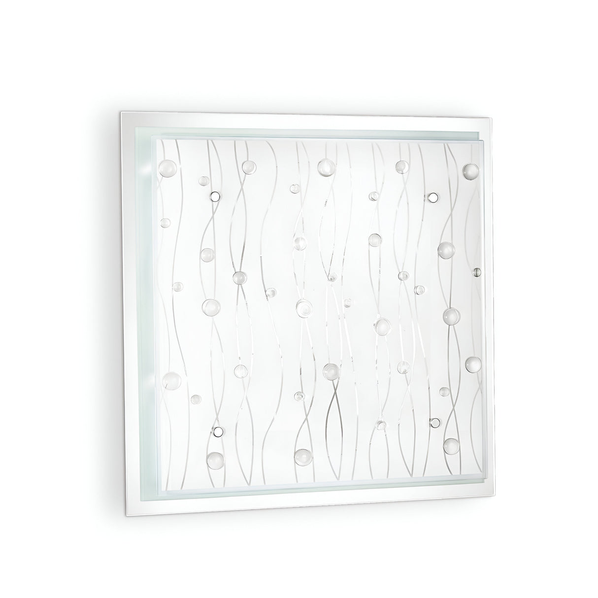 The Horizon 3 Light Ceiling & Wall Light - Clear is a square decorative panel that showcases a contemporary design with wavy silver lines and clear circular accents on a white background, enclosed within a sleek white frame.