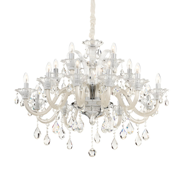 Introducing the Vivid Crystal 15 Light Chandelier - White: a stunning piece featuring multiple ornate arms, each adorned with candle-shaped bulbs. Clear, teardrop-shaped pendants elegantly dangle from the arms, enhancing its luxurious appeal. The contemporary design boasts a sleek metallic finish and is suspended gracefully from a chain.