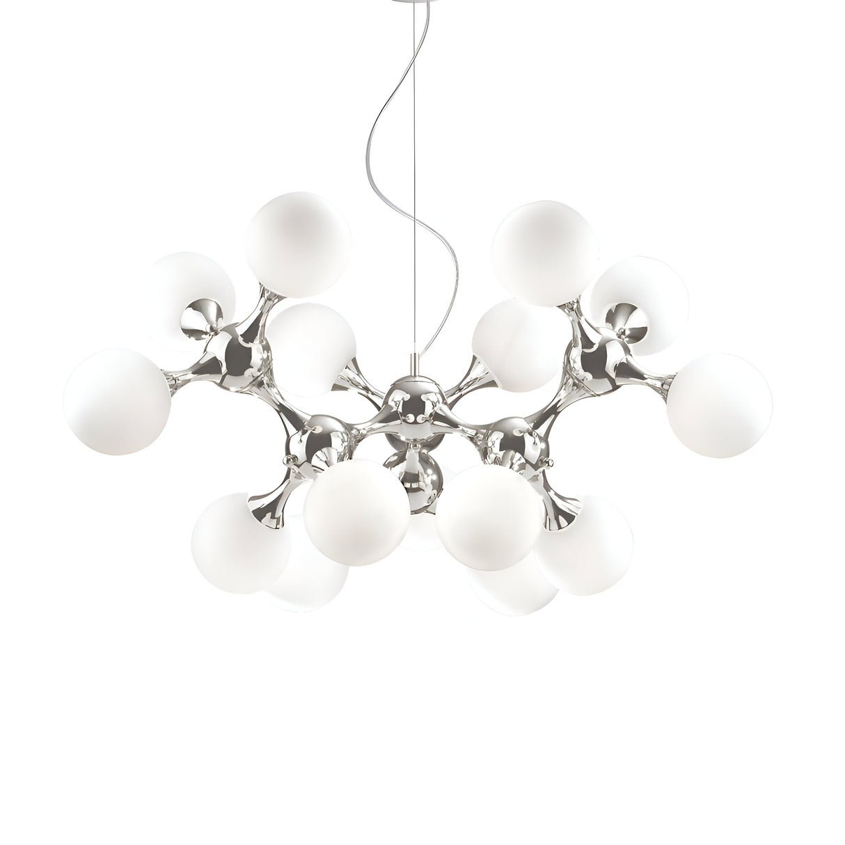 The Emblaze 15 Light Suspension - White, a stunning example of contemporary lighting, showcases an array of spherical white lights with frosted glass shades linked by sleek metallic branches. Its avant-garde design, suspended from a single wire, artistically mimics a molecular structure.