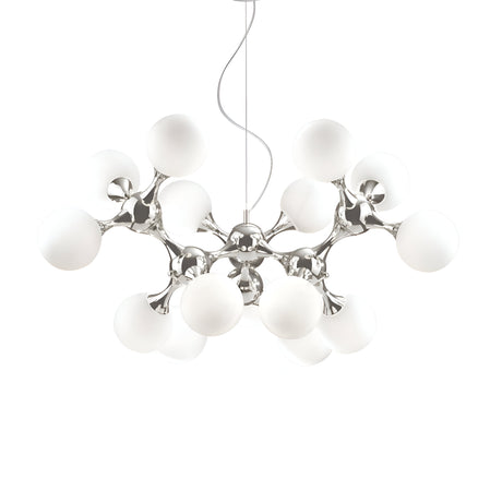 The Emblaze 15 Light Suspension - White, a stunning example of contemporary lighting, showcases an array of spherical white lights with frosted glass shades linked by sleek metallic branches. Its avant-garde design, suspended from a single wire, artistically mimics a molecular structure.