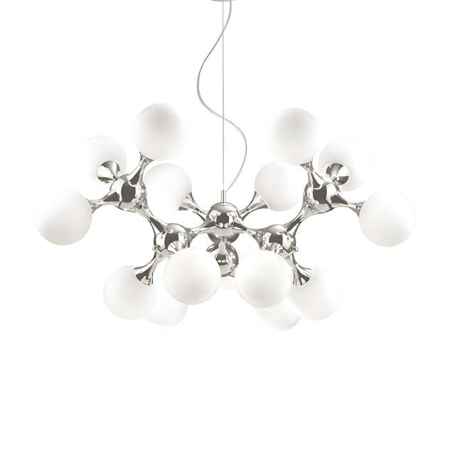 The Emblaze 15 Light Suspension - White, a stunning example of contemporary lighting, showcases an array of spherical white lights with frosted glass shades linked by sleek metallic branches. Its avant-garde design, suspended from a single wire, artistically mimics a molecular structure.