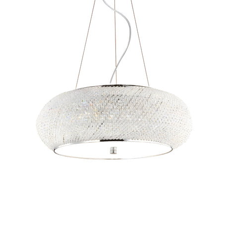The Harbor Crystal 10 Light Chandelier - Chrome is a contemporary circular fixture featuring a sleek metal frame adorned with sparkling crystals. It elegantly hangs from the ceiling with thin wires, creating a sophisticated, luxurious ambiance through its crystal diffuser.
