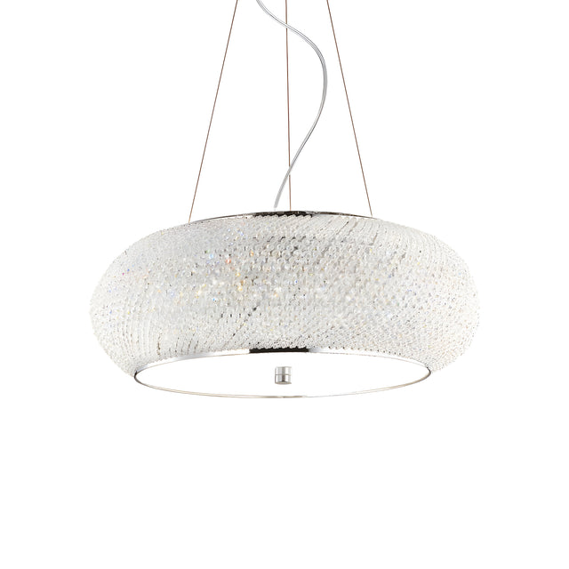 The Harbor Crystal 10 Light Chandelier - Chrome is a contemporary circular fixture featuring a sleek metal frame adorned with sparkling crystals. It elegantly hangs from the ceiling with thin wires, creating a sophisticated, luxurious ambiance through its crystal diffuser.