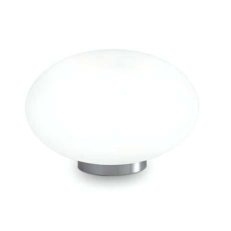 The Look Table Lamp - White is a contemporary round table lamp featuring a sleek metal base and a smooth, opaque glass shade. Its white finish enhances its modern design, providing soft, diffused light perfect for ambient lighting in modern spaces.