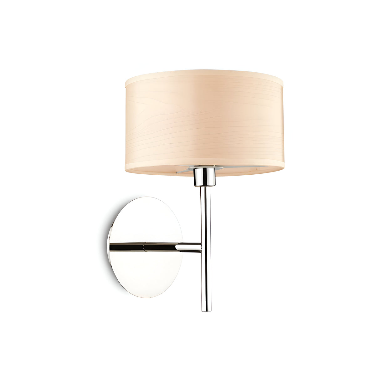 The Noble Light Wall Light - Cream boasts a sleek and modern design, featuring a polished chromed metal frame and a cylindrical beige fabric shade. Elegantly mounted on a round base, this wall lamp exudes simplicity and sophistication against a plain white background.