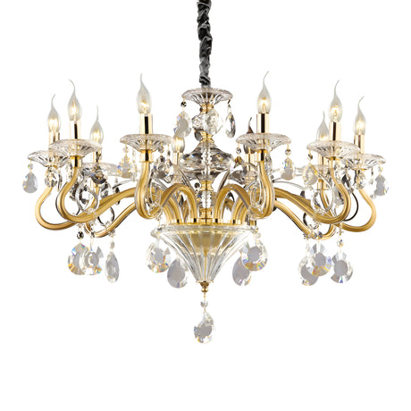 Introducing the Prismara Crystal 10 Light Chandelier - Gold, a luxurious lighting masterpiece featuring exquisite gold detailing and sparkling crystal pendants. This chandelier boasts ten candle-shaped lights arranged in two elegant tiers, suspended by a decorative black chain for an added touch of sophistication.