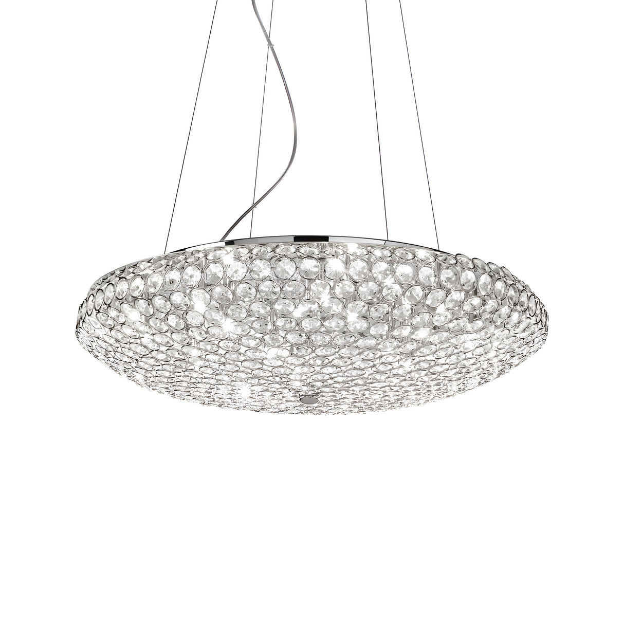 The Queen 12 Light Crystal Suspension - Chrome is a modern round chandelier featuring a sparkling crystal suspension design and sleek chrome finish, suspended from multiple wires. This light fixture showcases numerous small, clear orbs that produce a shimmering effect against a plain white background.