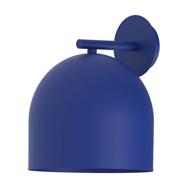 Rio Dome Wall Light in blue, featuring an iron build with a round wall plate, straight arm and smooth dome shade open at the base, shown on a plain white background.